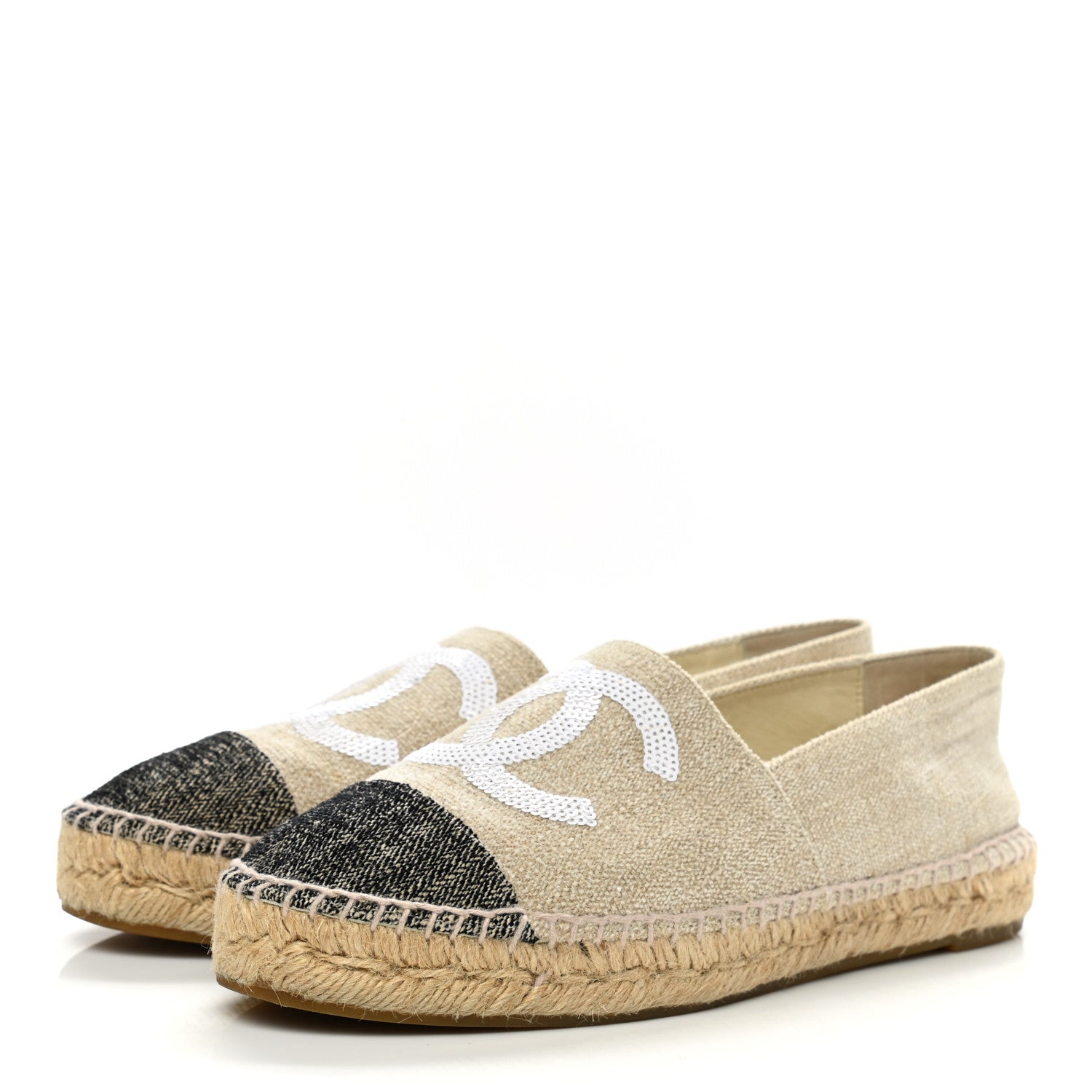 Chanel Toile Sequin CC Espadrilles 38 Beige Black 3 of 10