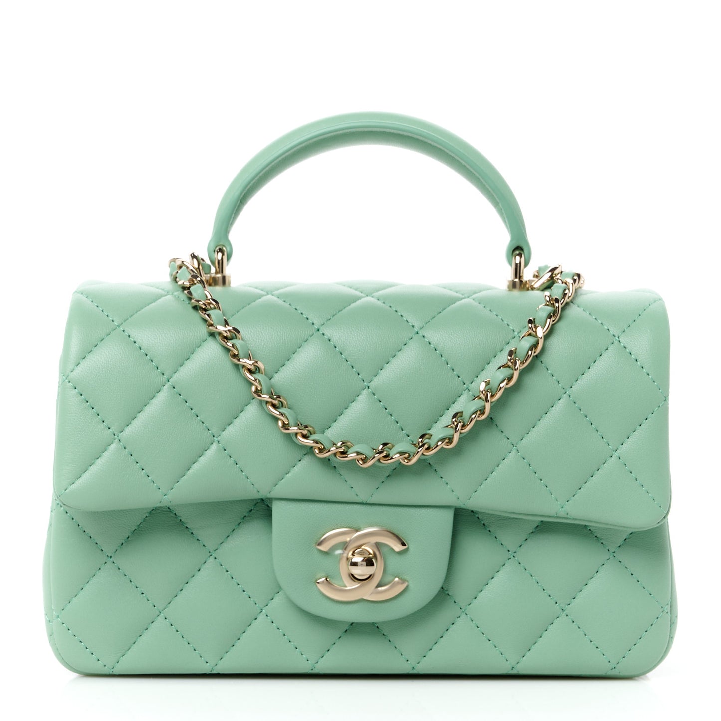Lambskin Quilted Mini Top Handle Rectangular Flap Light Green