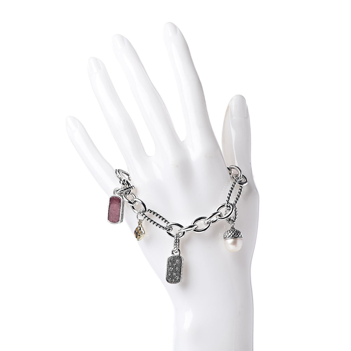 Sterling Silver 18K Yellow Gold Diamond Pearl Rhodonite Charm Bracelet