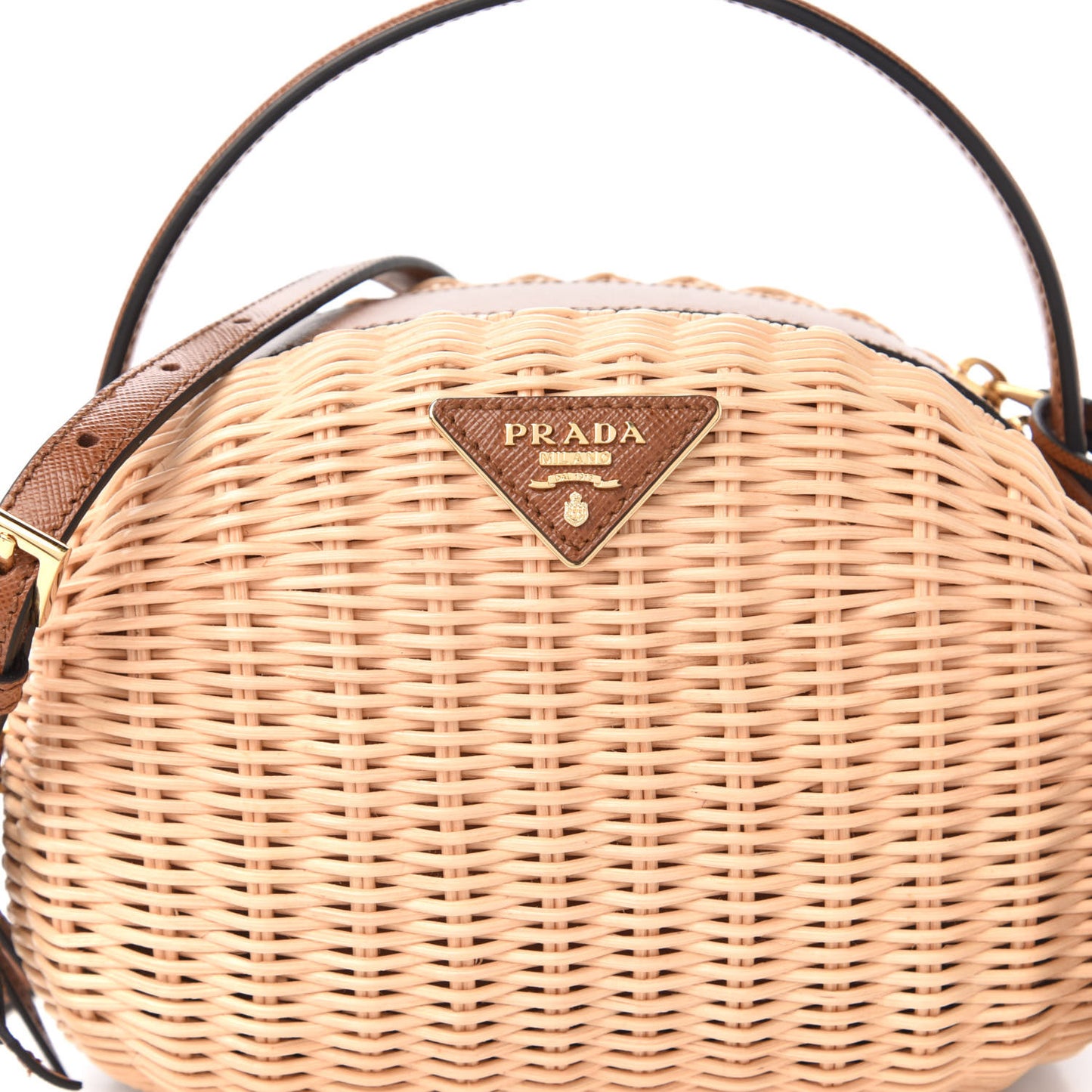 Wicker Saffiano Midolino Odette Top Handle Bag Beige Cognac