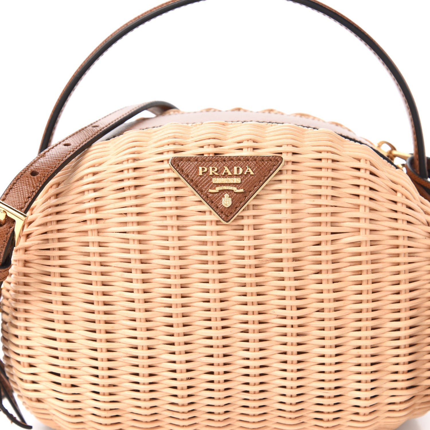 Prada Wicker Saffiano Midolino Odette Top Handle Bag Beige Cognac 9 of 9