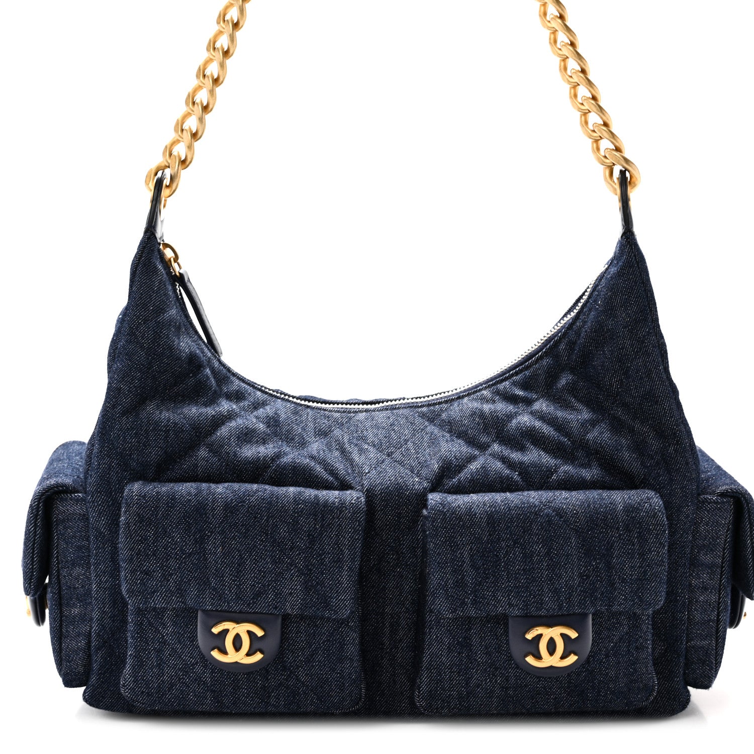 Chanel Washed Denim Quilted Large Trendy Pockets Hobo Dark Blue 8 of 10