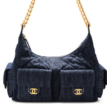 Chanel Washed Denim Quilted Large Trendy Pockets Hobo Dark Blue 8 of 10