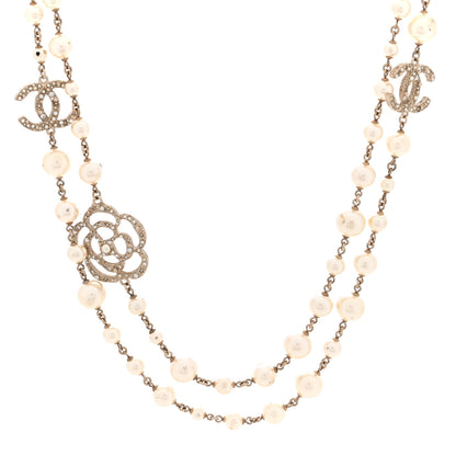 Chanel Pearl Crystal Camellia CC Long Necklace Gold 1 of 9