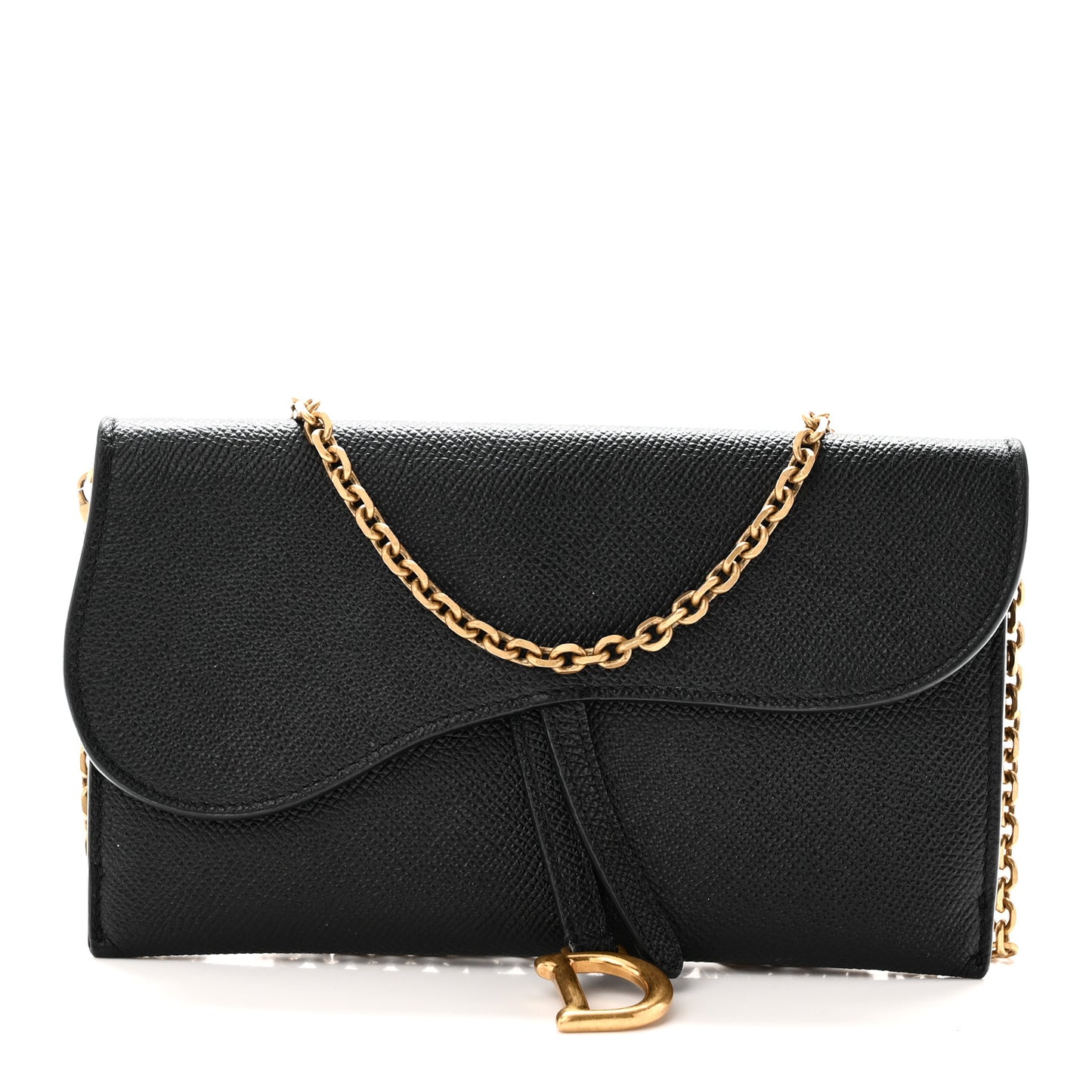 Grained Calfskin Saddle Chain Wallet Pouch Black