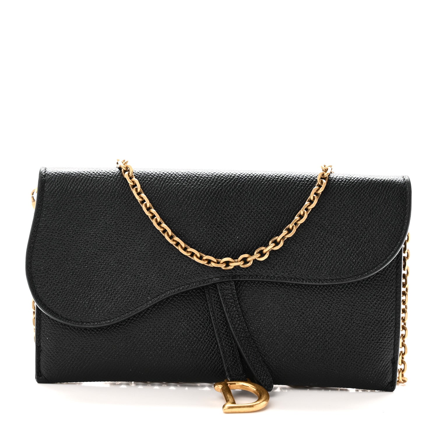 Christian Dior Grained Calfskin Saddle Chain Wallet Pouch Black 1 of 10