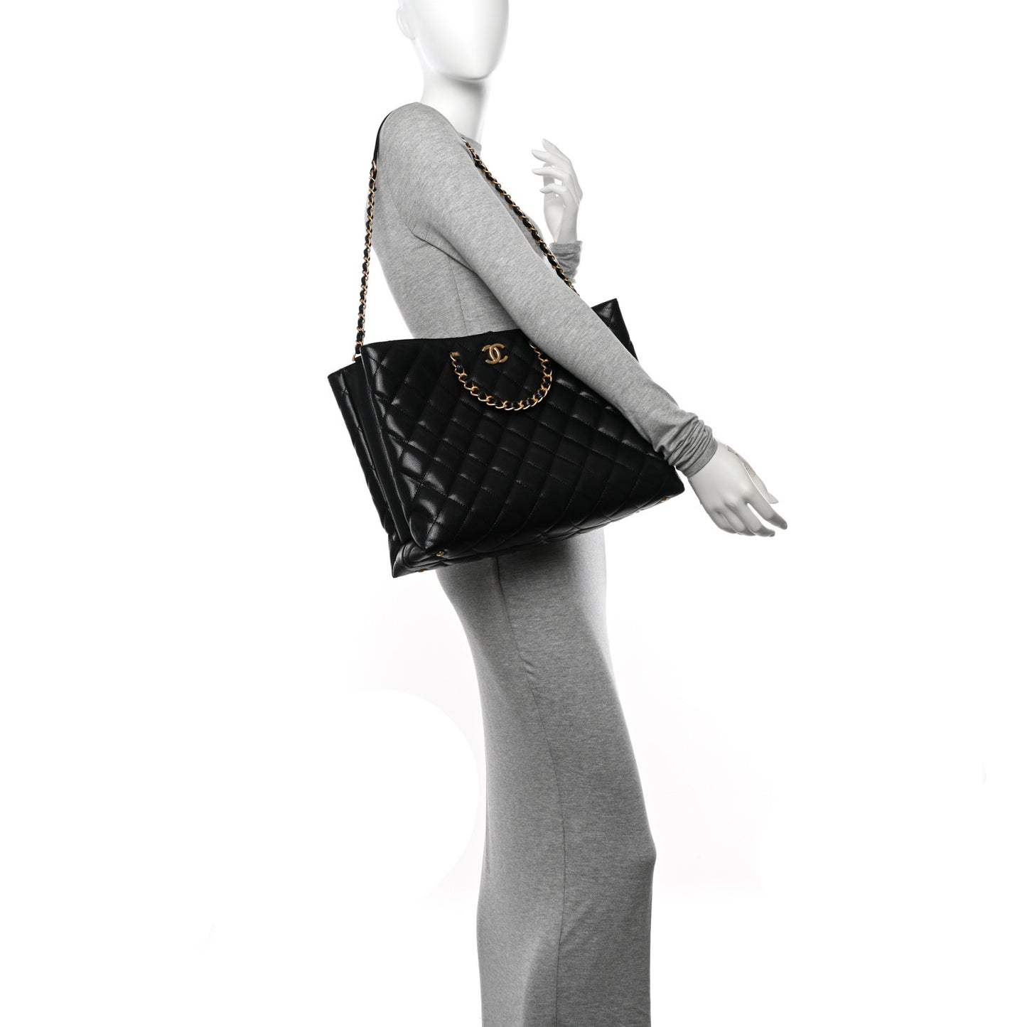 Shiny Caviar Quilted Chain Handle Shopping Tote Black