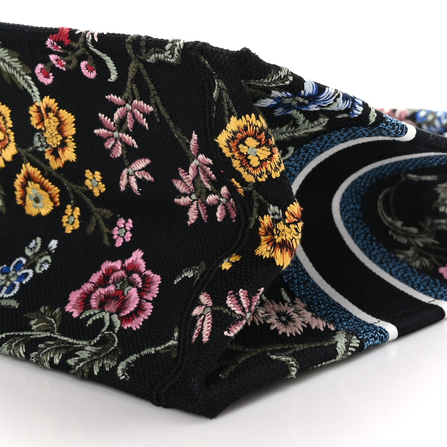 Raffia Embroidered Petites Fleurs Medium Book Tote Navy Blue Multicolor