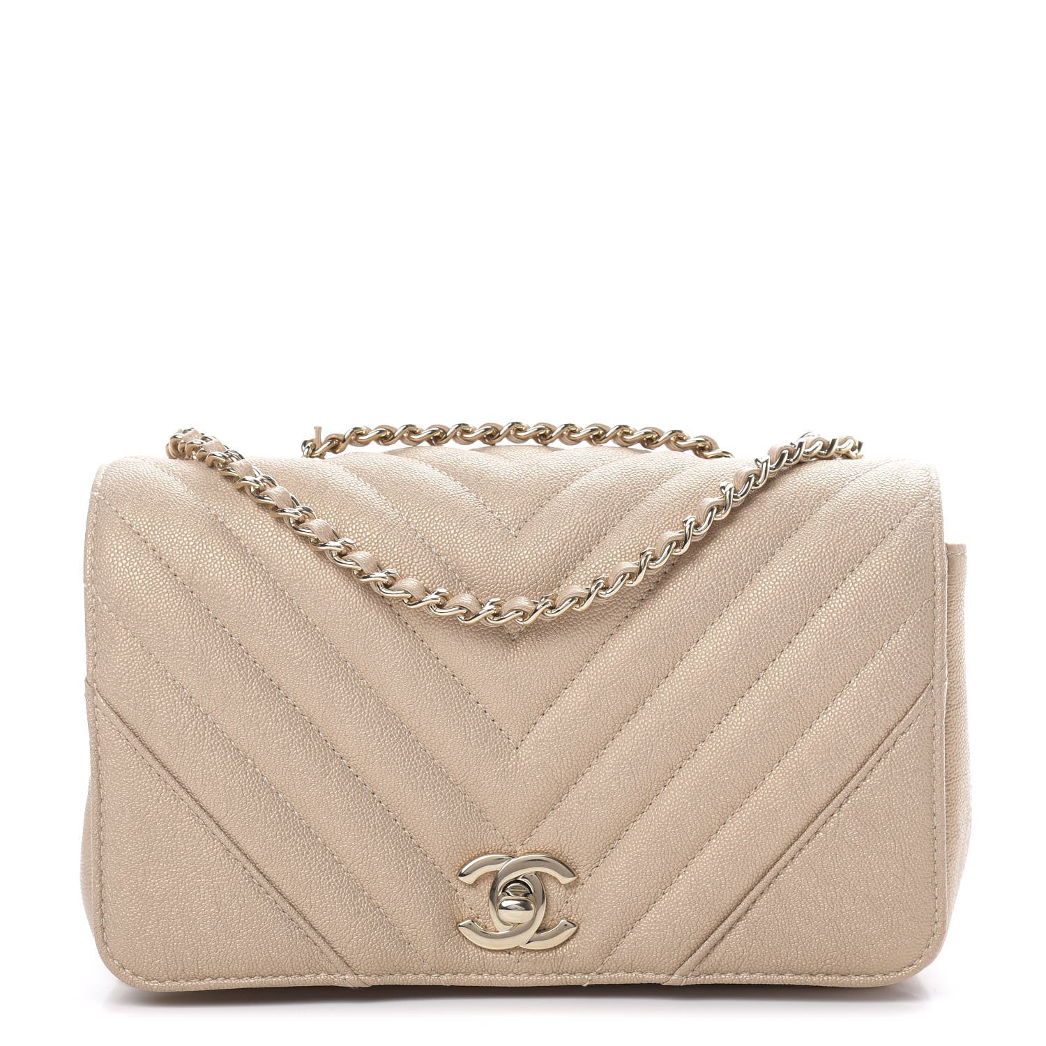Chanel Metallic Caviar Chevron Quilted Medium Statement Flap Beige 1 of 12