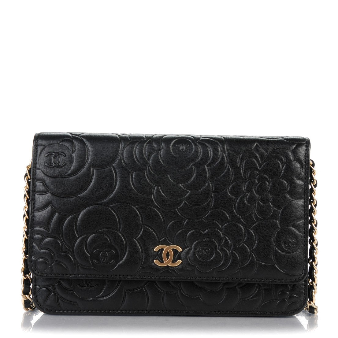 Chanel Lambskin Camellia Embossed Wallet on Chain WOC Black 1 of 8