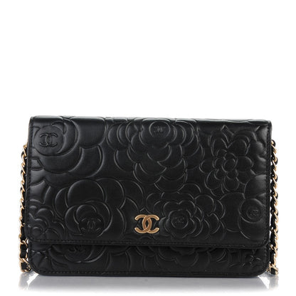 Chanel Lambskin Camellia Embossed Wallet on Chain WOC Black 1 of 8
