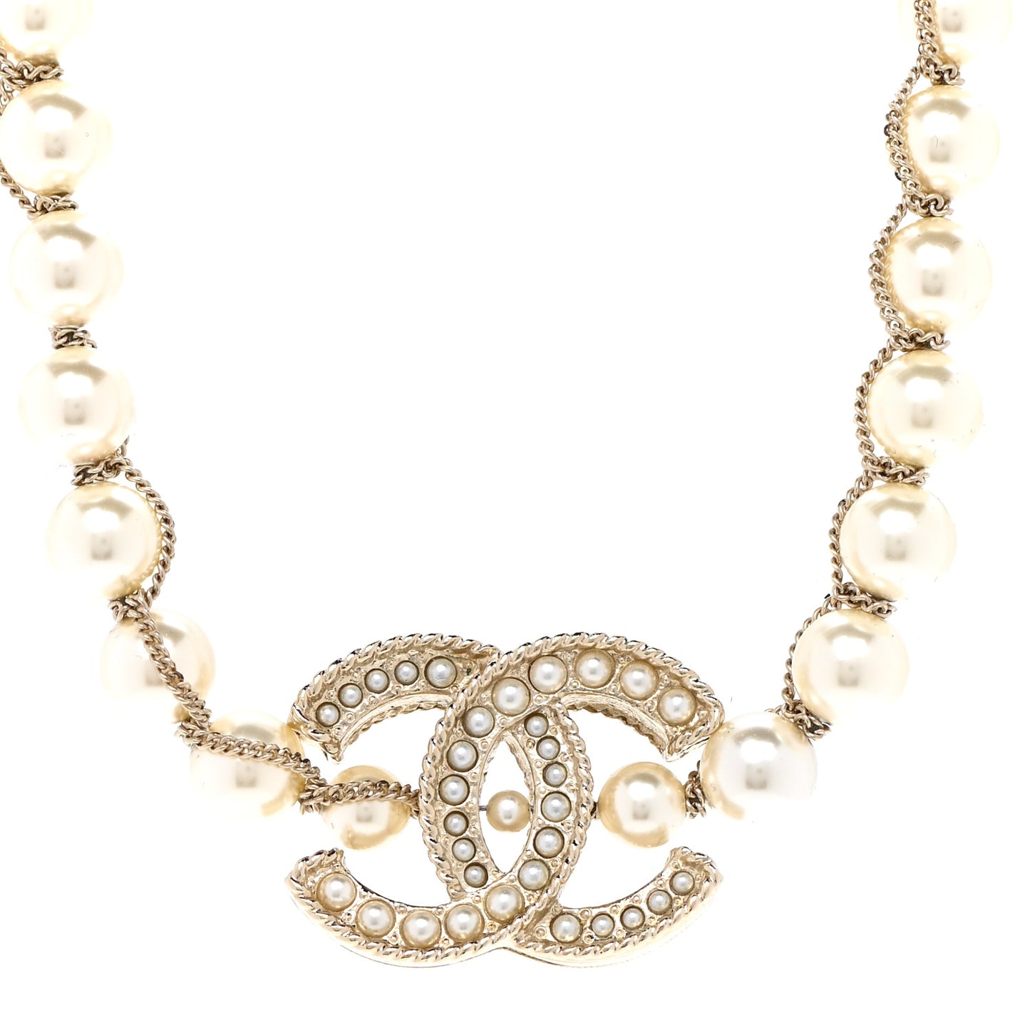 Metal Pearl Chain CC Long Necklace Gold