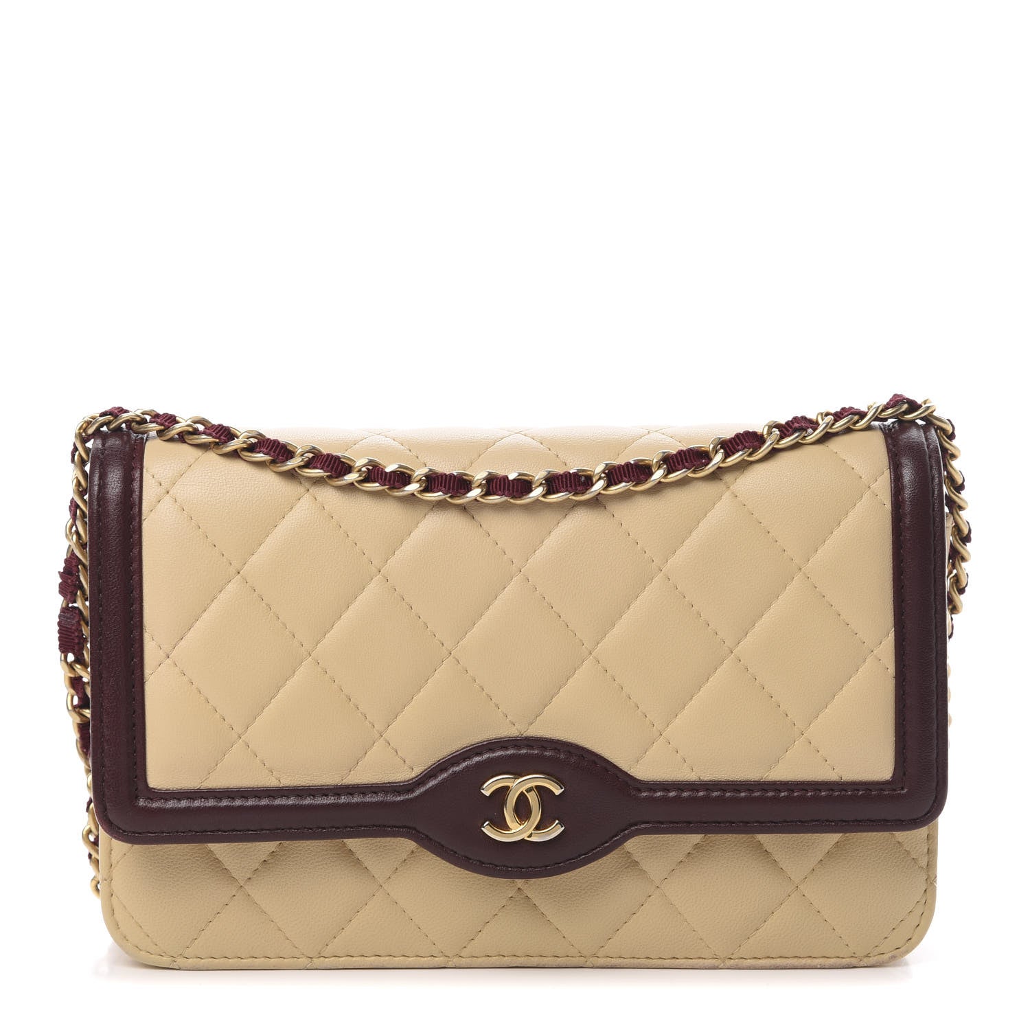Chanel Lambskin Quilted Two Tone Wallet On Chain WOC Beige Burgundy 1 of 16
