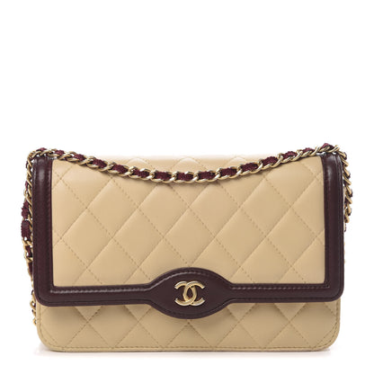 Chanel Lambskin Quilted Two Tone Wallet On Chain WOC Beige Burgundy 1 of 16