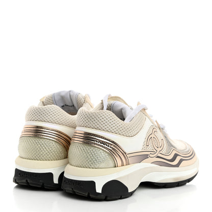Chanel Fabric Laminated Calfskin Stretch CC Sneakers 38 White Gold Silver 4 of 9