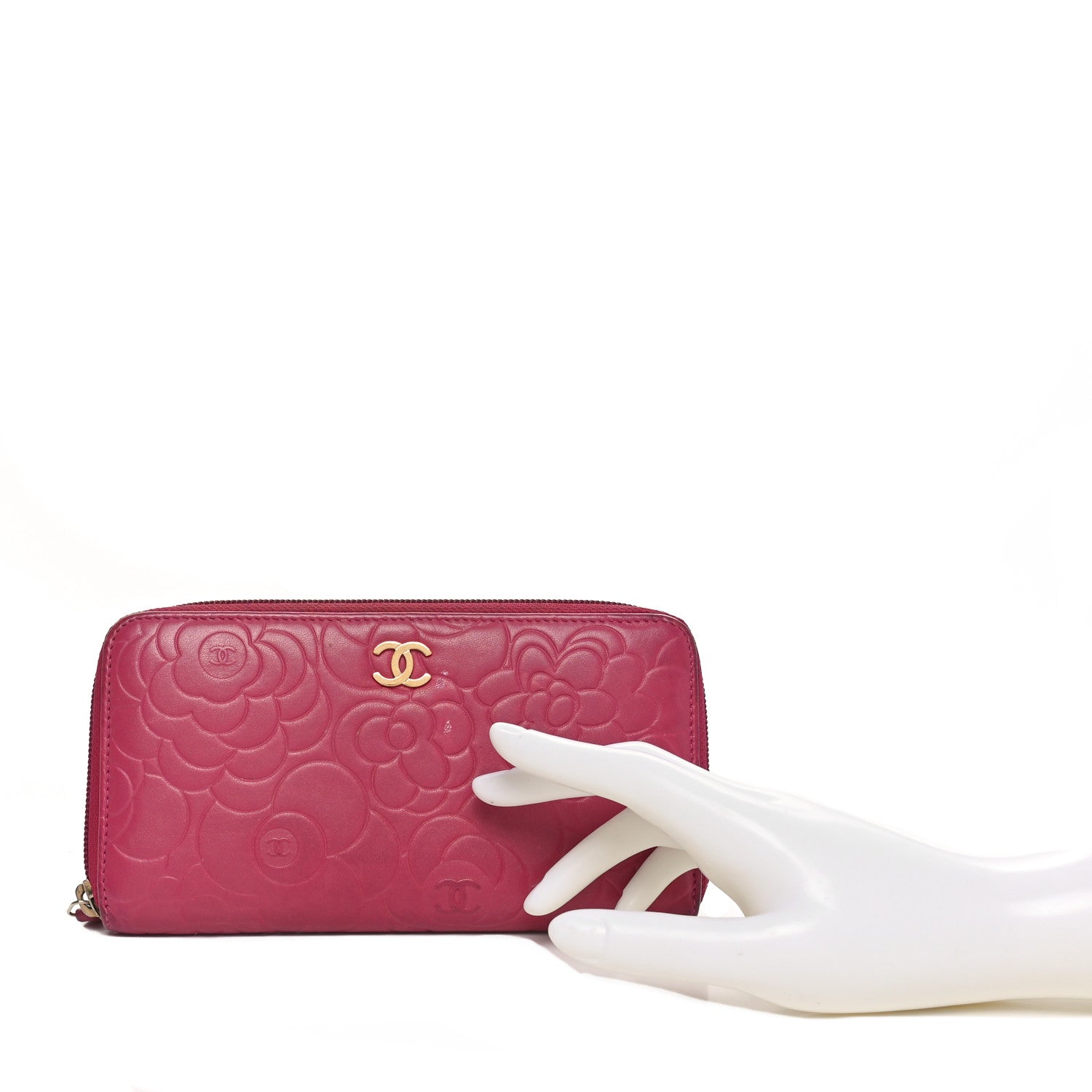 Chanel Lambskin Camellia Embossed Large Gusset Zip Around Wallet Fuchsia 2 of 13