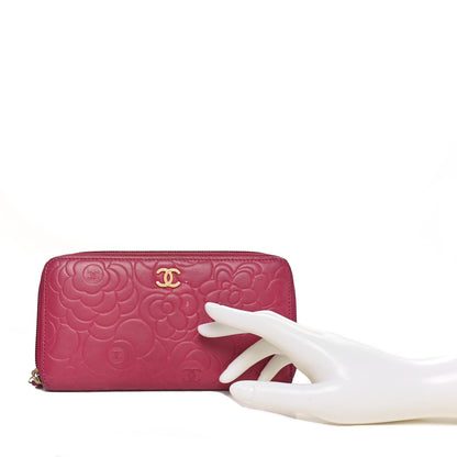 Chanel Lambskin Camellia Embossed Large Gusset Zip Around Wallet Fuchsia 2 of 13