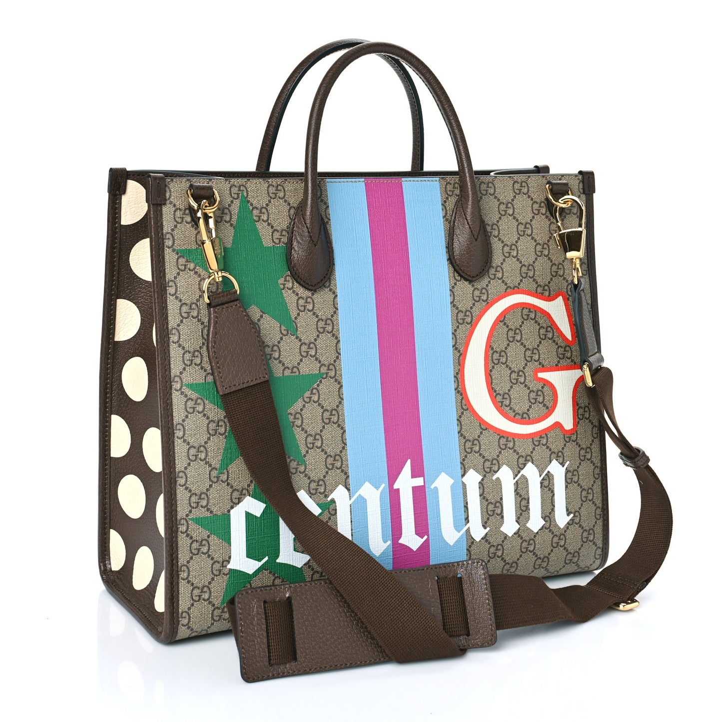 GG Supreme Monogram Textured Dollar Calfskin Equestrian Medium Retro Interlocking G Tote Bag Beige Ebony Multicolor New Acero
