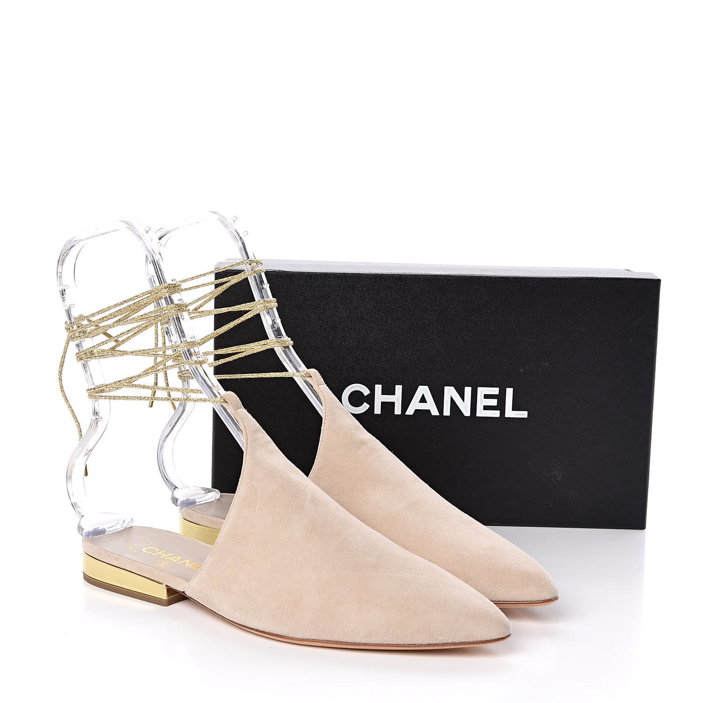 Suede Pointed Toe Mules 39.5 Beige Gold