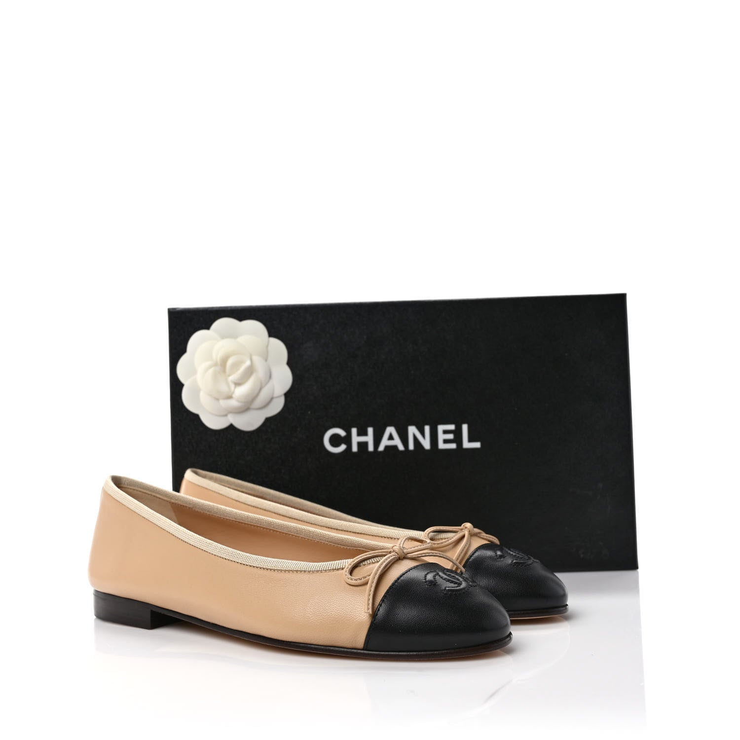Chanel Lambskin Cap Toe CC Ballerina Flats 37 Beige Black 8 of 8