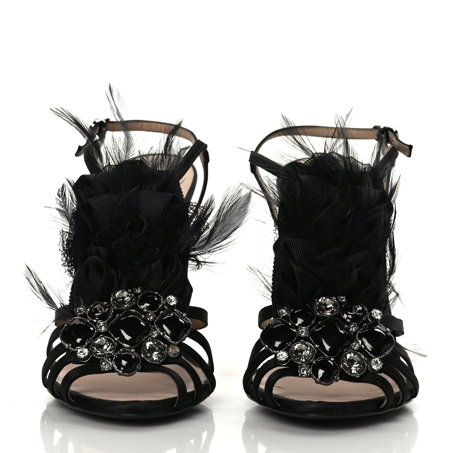Satin Feather Gripoix Poured Glass Crystal CC Sandals 39 Black