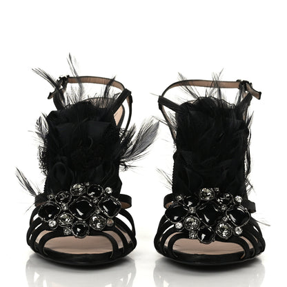 Chanel Satin Feather Gripoix Poured Glass Crystal CC Sandals 39 Black 2 of 7