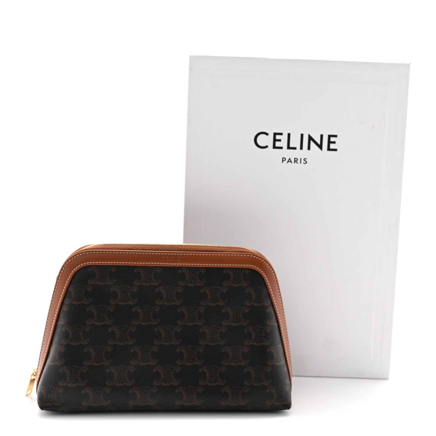 Celine Triomphe Canvas Calfskin Medium Cosmetic Pouch Tan 12 of 12