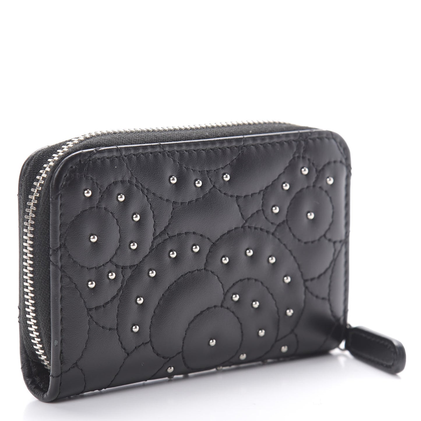 Lambskin Camellia Embossed Studded Zip Coin Purse Black