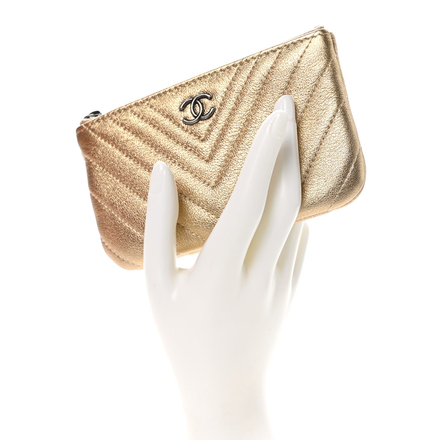 Metallic Sheepskin Chevron Quilted Small Cosmetic Case Gold