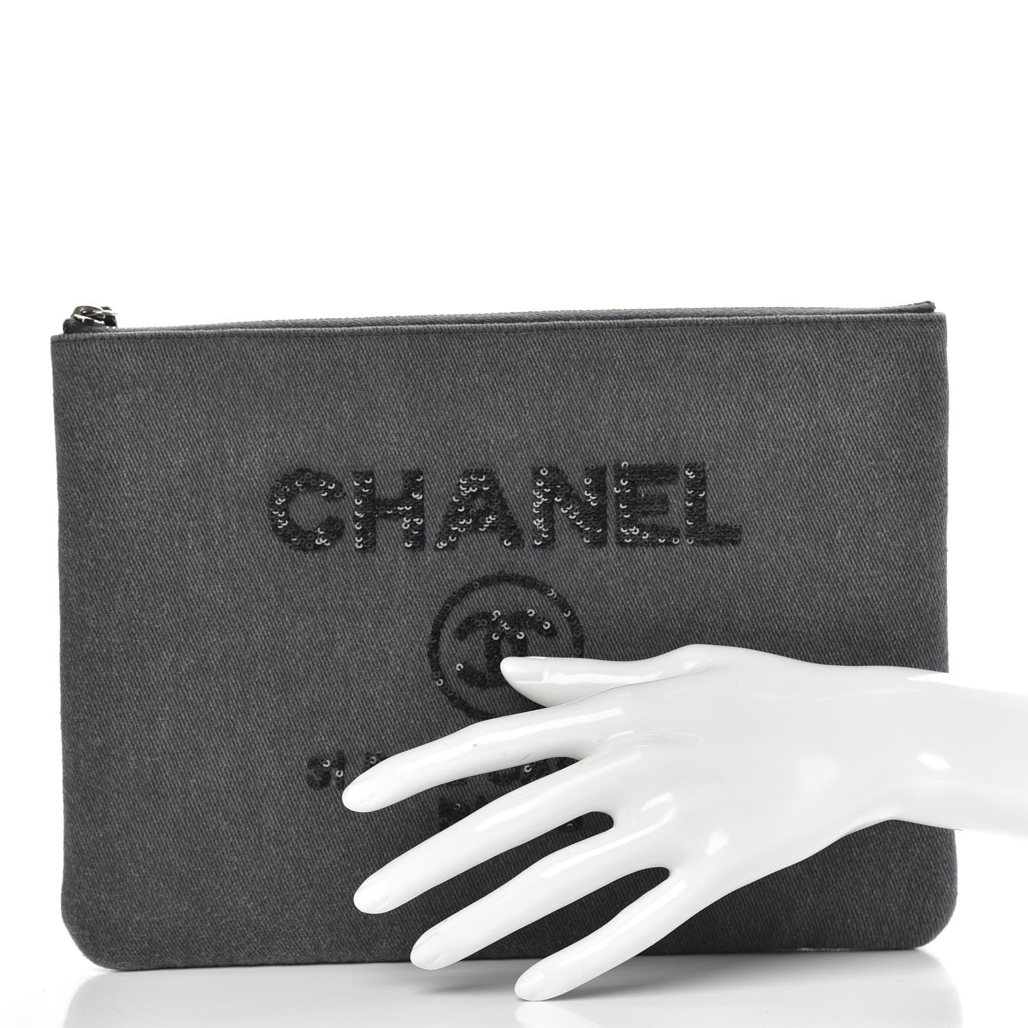 Chanel Canvas Sequins Medium Deauville Cosmetic Pouch Grey 2 of 9