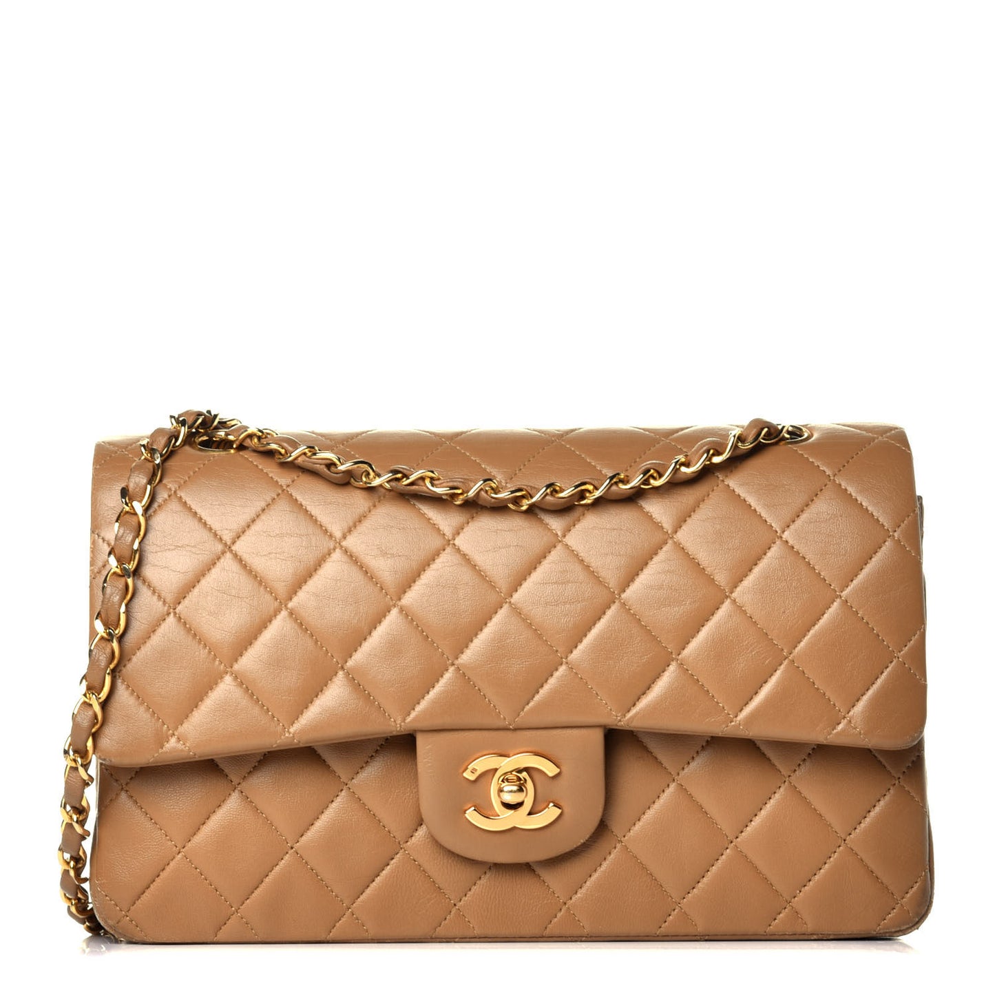 Lambskin Quilted Medium Double Flap Beige