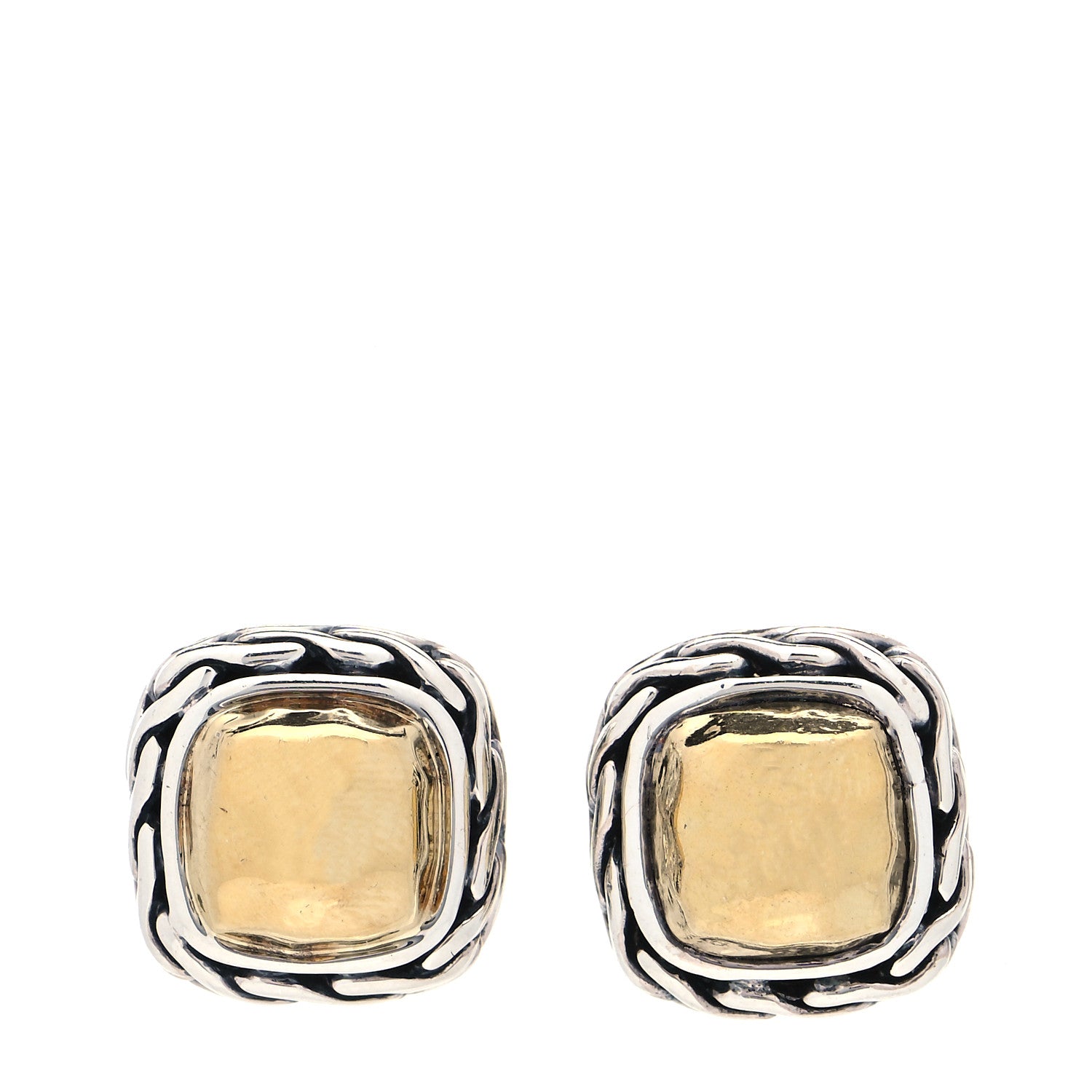 John Hardy Sterling Silver 22K Yellow Gold Classic Chain Square Hammered Stud Earrings 1 of 5