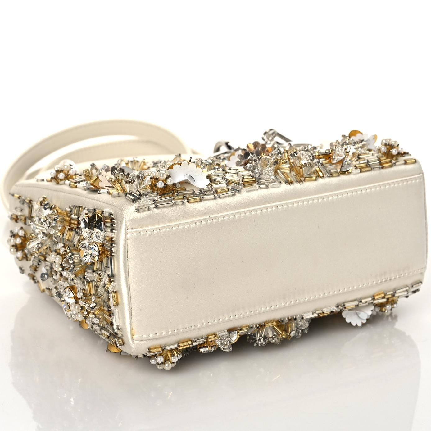 Satin Lambskin Sequin Embroidered Mini Lady Dior White Gold