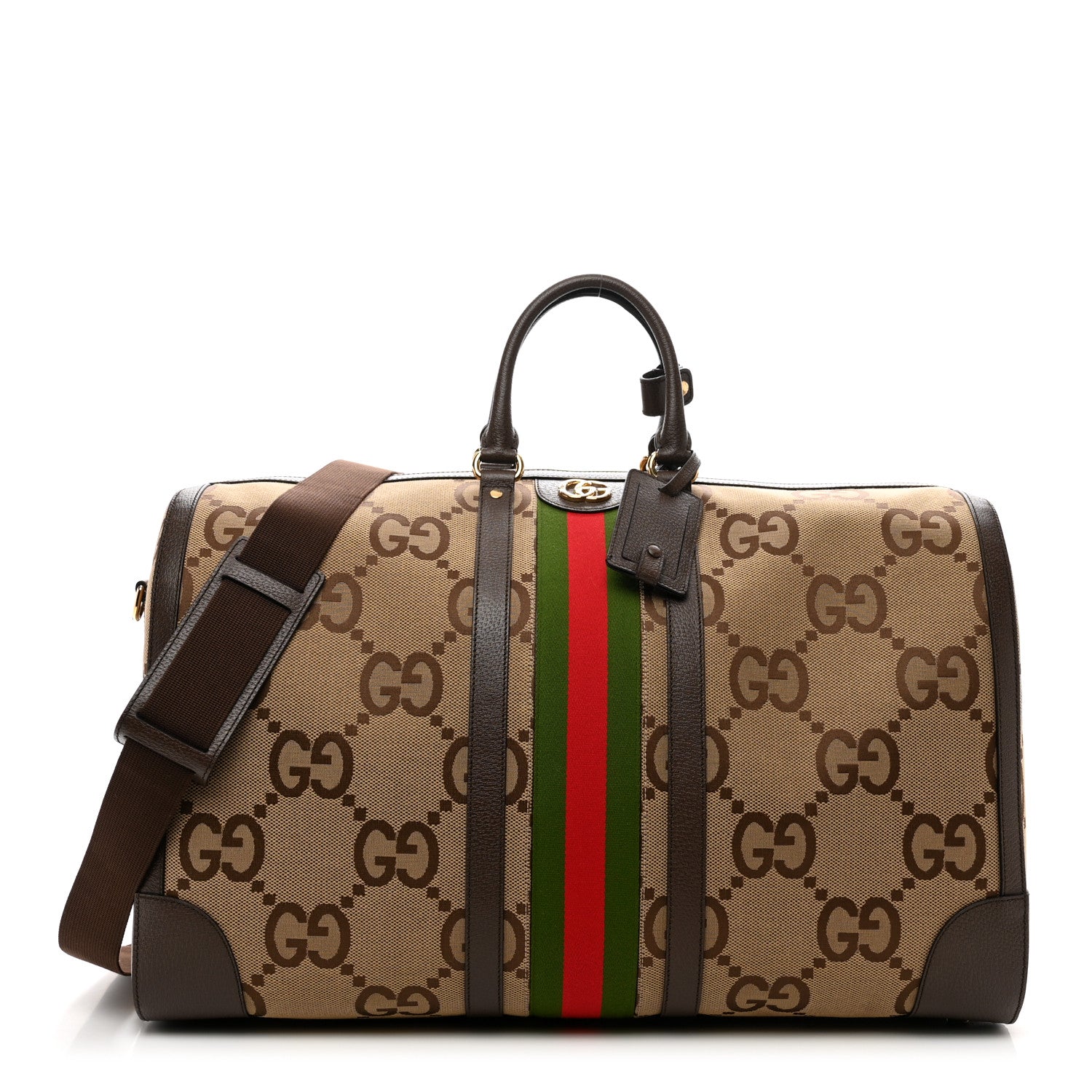 Gucci Monogram Jumbo GG Textured Dollar Calfskin Web Maxi Duffle Bag Camel Ebony 1 of 8