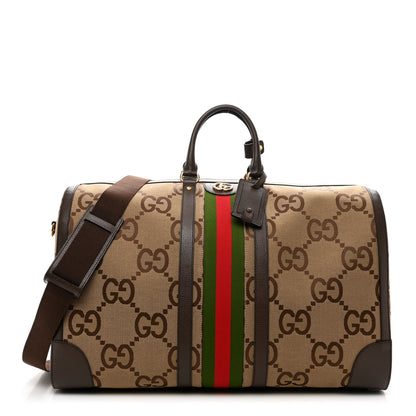 Gucci Monogram Jumbo GG Textured Dollar Calfskin Web Maxi Duffle Bag Camel Ebony 1 of 8