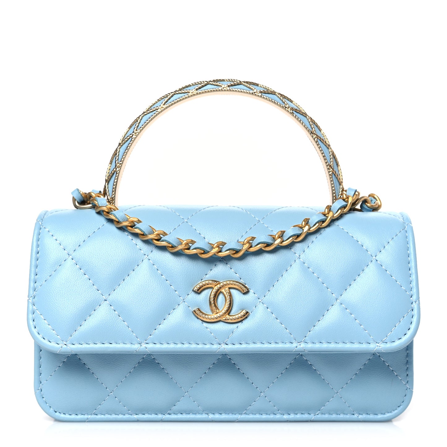 Lambskin Quilted Metal Twist Top Handle Flap Phone Holder With Chain Blue