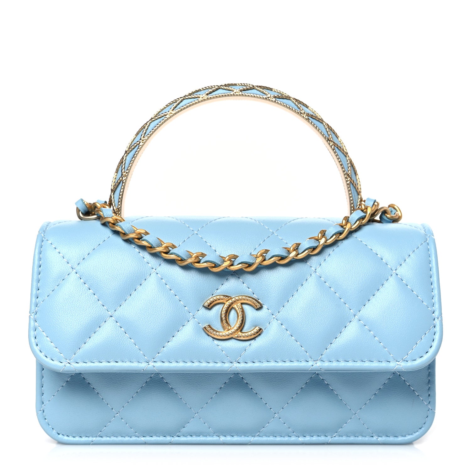 Chanel Lambskin Quilted Metal Twist Top Handle Flap Phone Holder With Chain Blue 1 of 10