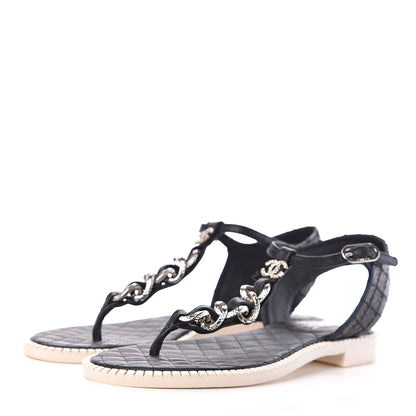 Chanel Souple Calfskin Chain CC Thong Sandals 37 Black White 3 of 11