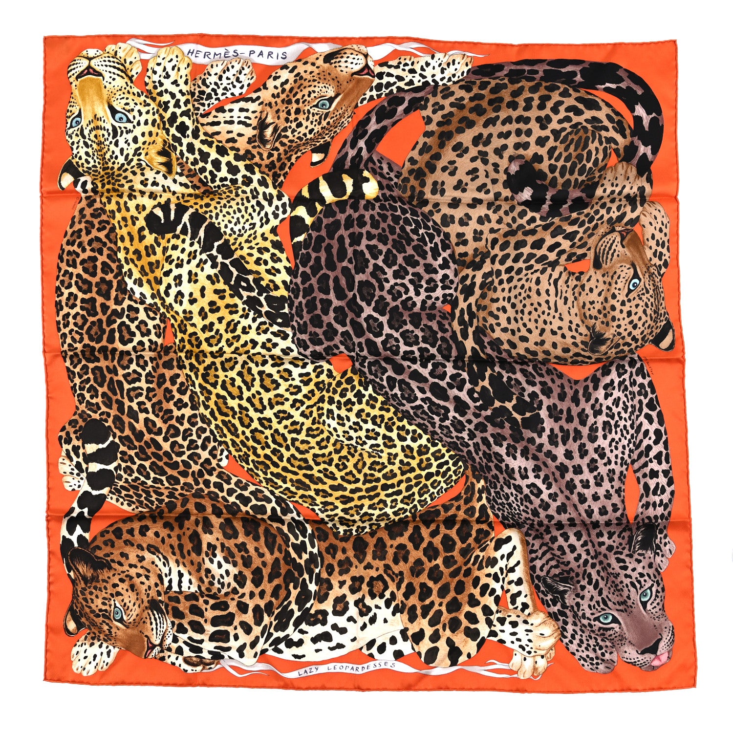 Hermes Silk Twill Lazy Leopardesses Scarf 90 Potiron 1 of 5