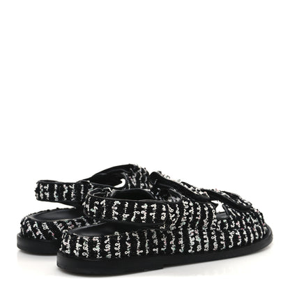 Chanel Tweed Velcro Dad Sandals 36.5 Black White 5 of 10