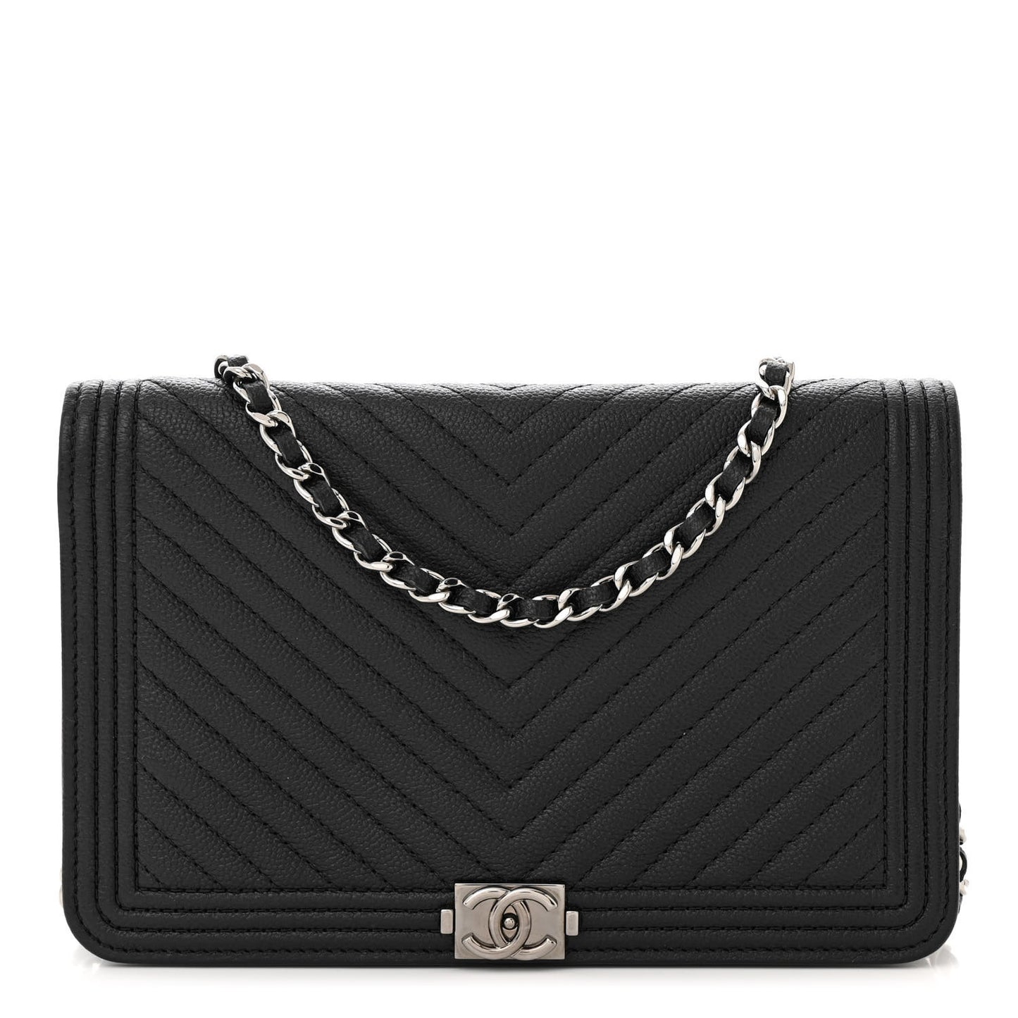 Caviar Chevron Quilted Boy Wallet On Chain WOC Black