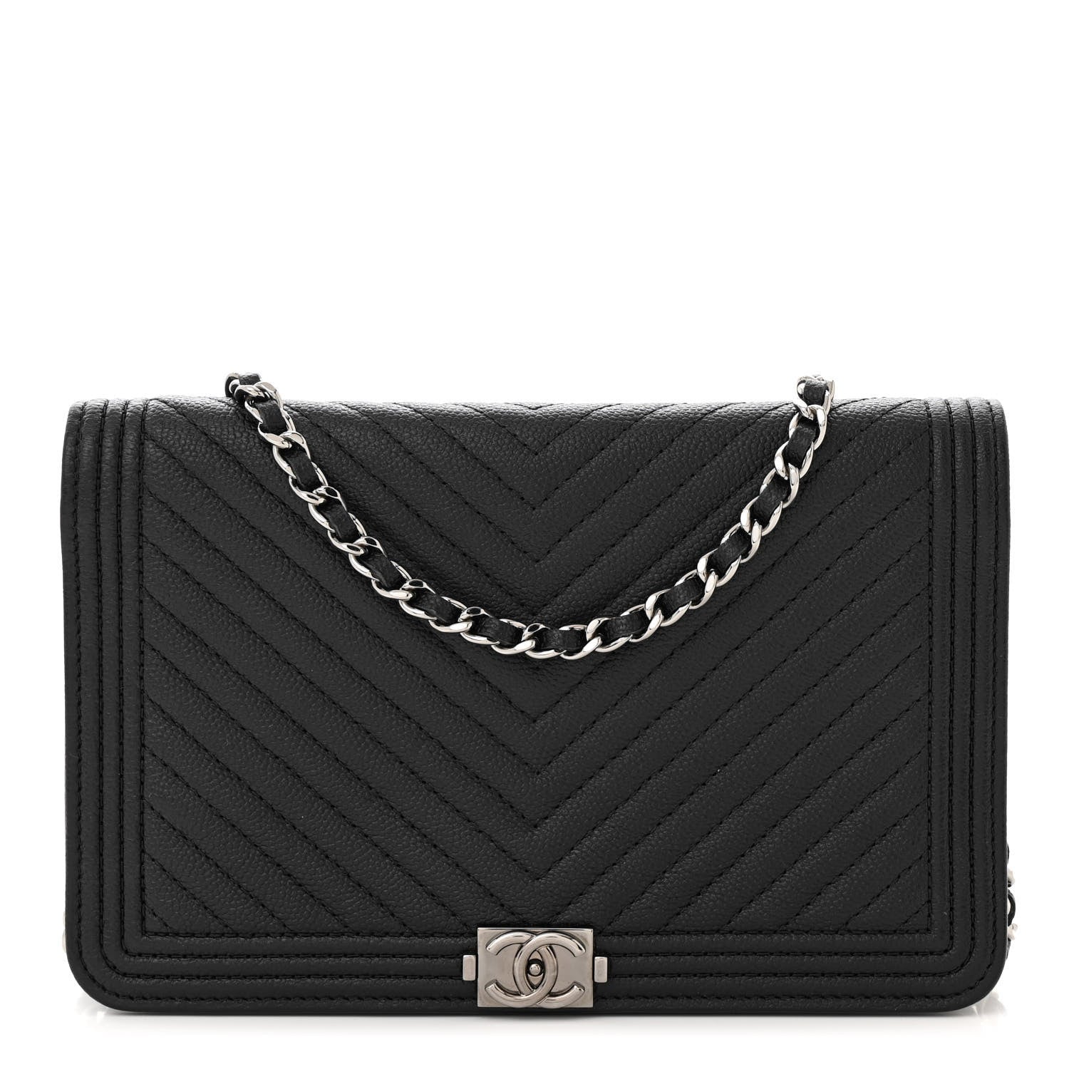 Chanel Caviar Chevron Quilted Boy Wallet On Chain WOC Black 1 of 12