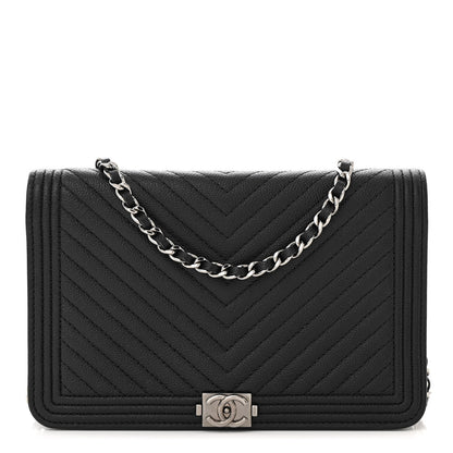 Chanel Caviar Chevron Quilted Boy Wallet On Chain WOC Black 1 of 12