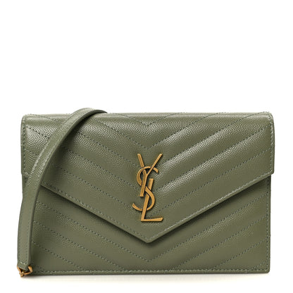 Saint Laurent Grain De Poudre Matelasse Chevron Monogram Envelope Chain Wallet Green Light Sage 1 of 10