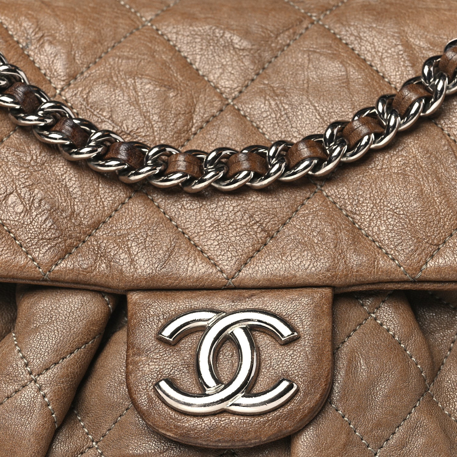 Chanel Crumpled Lambskin Quilted Medium Chain Around Flap Light Khaki 8 of 13