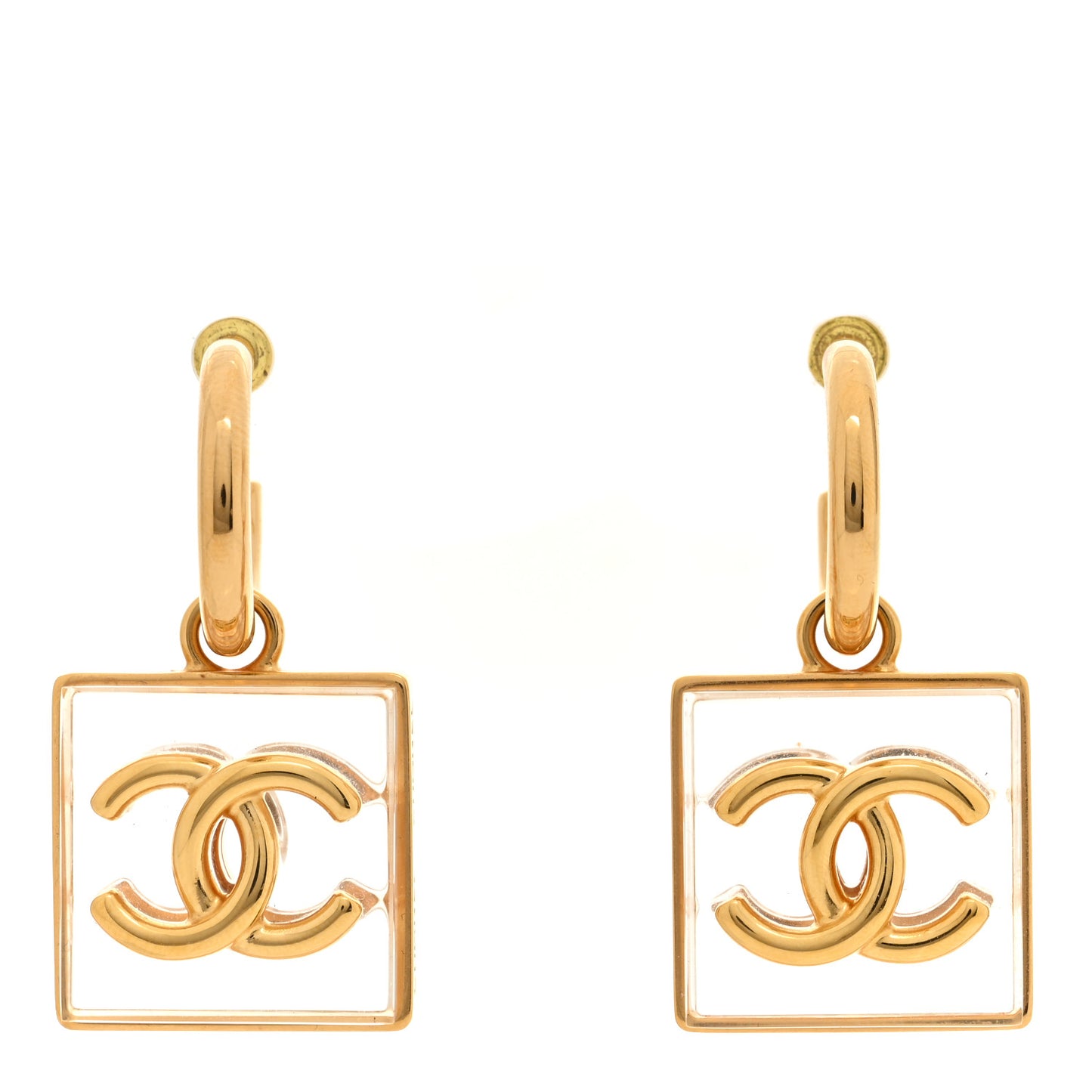 Metal Resin CC Square Drop Earrings Gold Transparent
