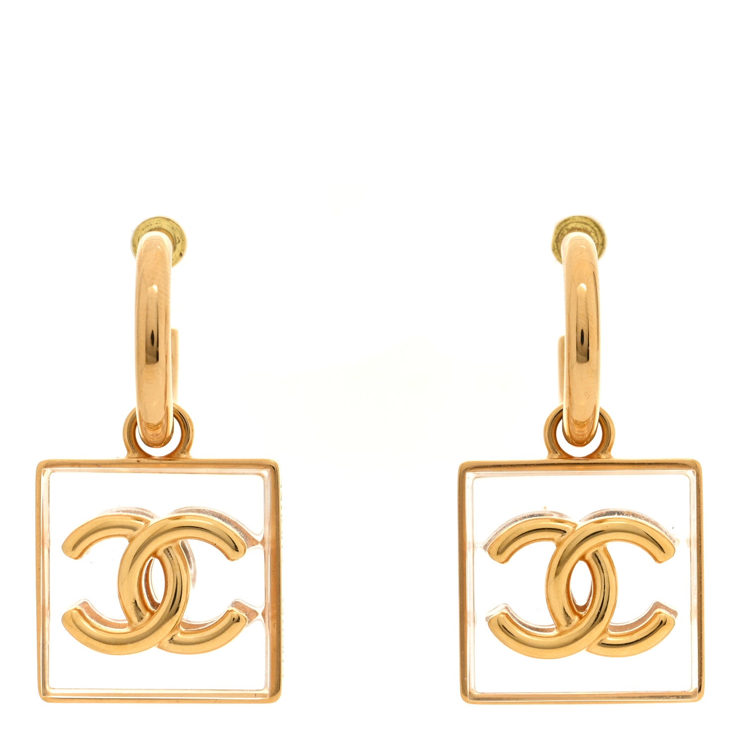 Chanel Metal Resin CC Square Drop Earrings Gold Transparent 1 of 5