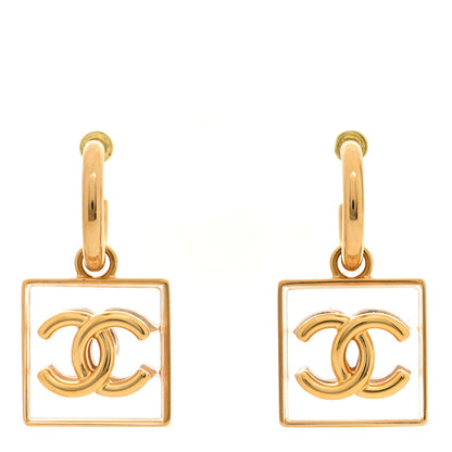 Chanel Metal Resin CC Square Drop Earrings Gold Transparent 1 of 5