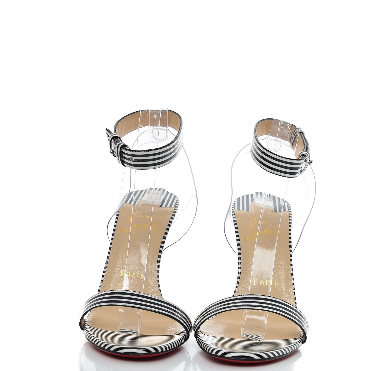 Christian Louboutin Patent PVC Striped Illusion Jonatina 100 Sandals 37.5 Black White 2 of 9