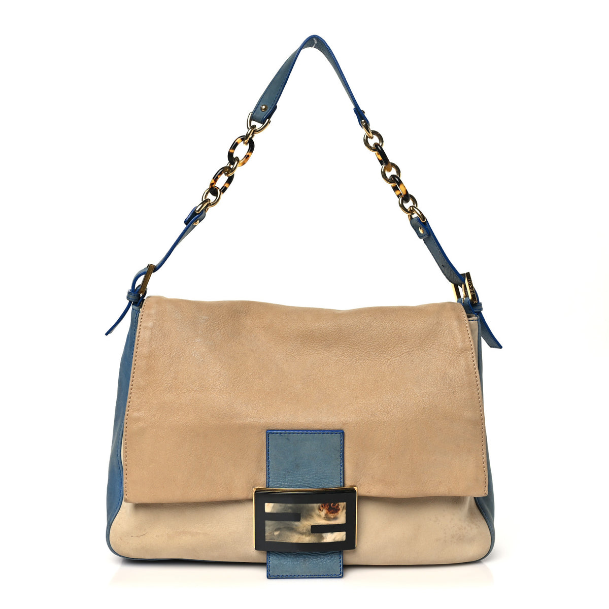Fendi Vitello Savana Big Forever Mama Baguette Beige Blue 1 of 14